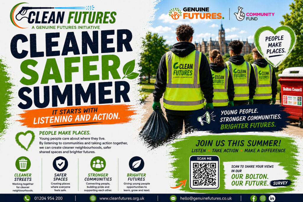 Discover how Clean Futures and Genuine Futures are empowering young people to improve neighbourhoods, clean shared spaces and build brighter futures through the Cleaner Safer Summer campaign in Bolton.